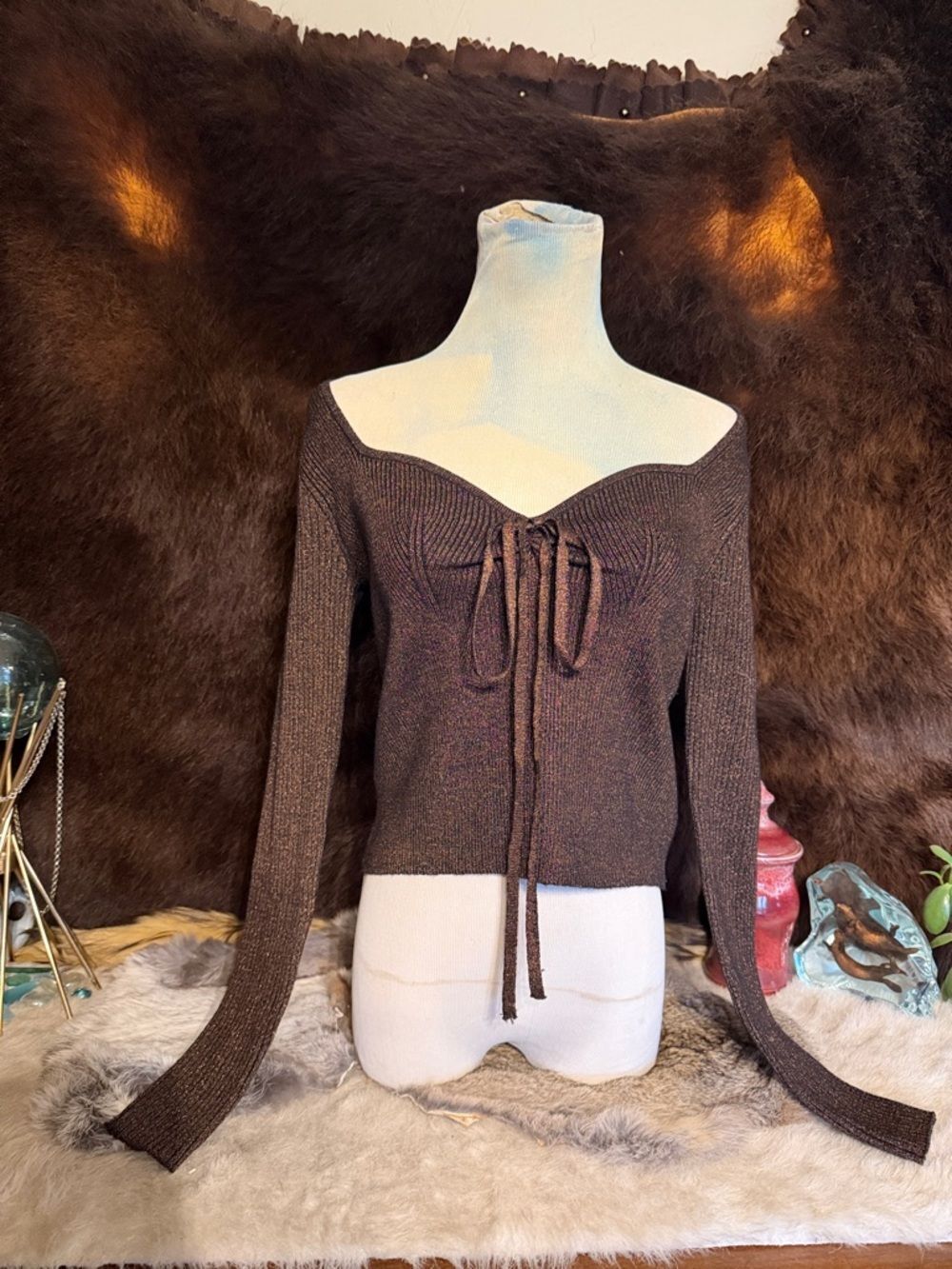 Off-Shoulder coppery Brown Tie-Front cropped Women's Sweater M (4950)